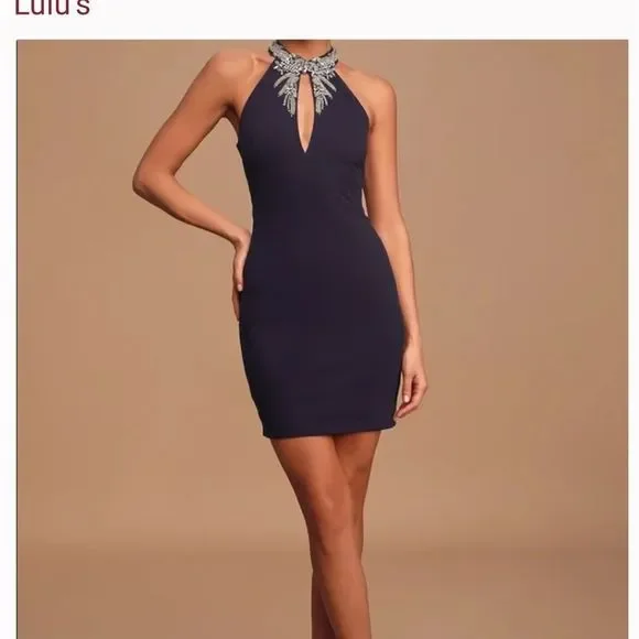 Alluring Evening Navy Blue Beaded Bodycon Dress. NWT. Size XS. - Picture 2 of 11